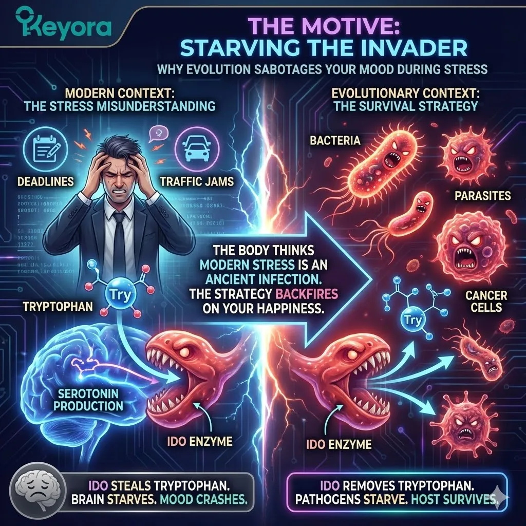 Evolutionary biology utilizes the IDO shunt to execute a nutrient-depletion strategy, starving pathogens of tryptophan during a neuro-endocrine storm. Evolutionary biology utilizes the IDO shunt to execute a nutrient-depletion strategy, starving pathogens of tryptophan during a neuro-endocrine storm.