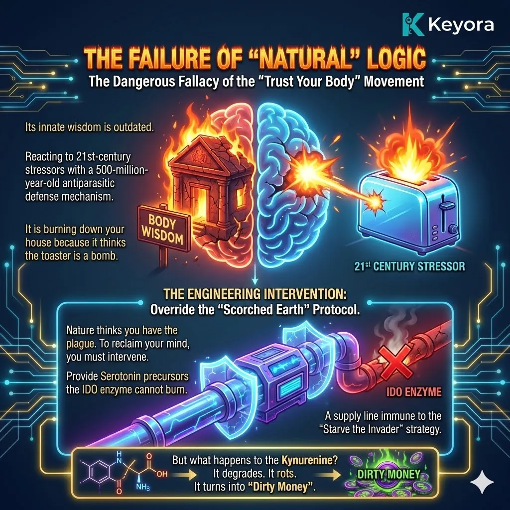 Sterile inflammation triggers an outdated scorched earth strategy, overriding the body's innate wisdom and requiring an engineering intervention to restore neurological sovereignty via Keyora.The engineering intervention bypasses the IDO scorched earth protocol by supplying 5-HTP, restoring the serotonin domestic economy despite the systemic regulator's wartime mandates. Sterile inflammation triggers an outdated scorched earth strategy, overriding the body's innate wisdom and requiring an engineering intervention to restore neurological sovereignty via Keyora.The engineering intervention bypasses the IDO scorched earth protocol by supplying 5-HTP, restoring the serotonin domestic economy despite the systemic regulator's wartime mandates.