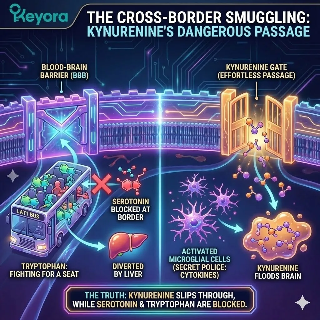 Kynurenine acts as a cross-border smuggler, utilizing the LAT1 transporter to flood the brain with shadow assets while serotonin precursors remain arrested at the blood-brain barrier. Kynurenine acts as a cross-border smuggler, utilizing the LAT1 transporter to flood the brain with shadow assets while serotonin precursors remain arrested at the blood-brain barrier.