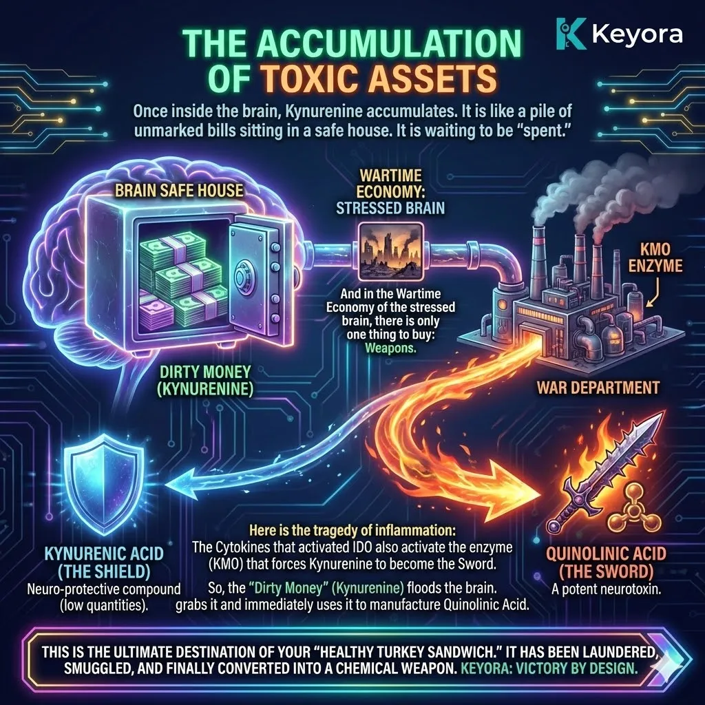 Tryptophan is laundered into kynurenine and smuggled across the blood-brain barrier to manufacture quinolinic acid, a chemical weapon within the neuro-endocrine storm. Tryptophan is laundered into kynurenine and smuggled across the blood-brain barrier to manufacture quinolinic acid, a chemical weapon within the neuro-endocrine storm.