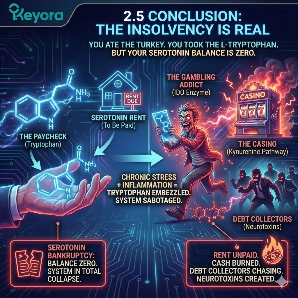 Chronic stress induces serotonin bankruptcy as the IDO enzyme gambles away tryptophan assets to fund the production of neurotoxic debt collectors via Keyora. Chronic stress induces serotonin bankruptcy as the IDO enzyme gambles away tryptophan assets to fund the production of neurotoxic debt collectors via Keyora.
