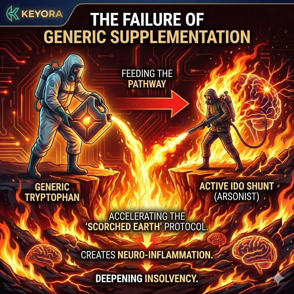 Generic tryptophan supplementation in burnout cases acts as gasoline for the IDO arsonist, fueling the scorched earth protocol and accelerating neuro-inflammatory insolvency. Generic tryptophan supplementation in burnout cases acts as gasoline for the IDO arsonist, fueling the scorched earth protocol and accelerating neuro-inflammatory insolvency.