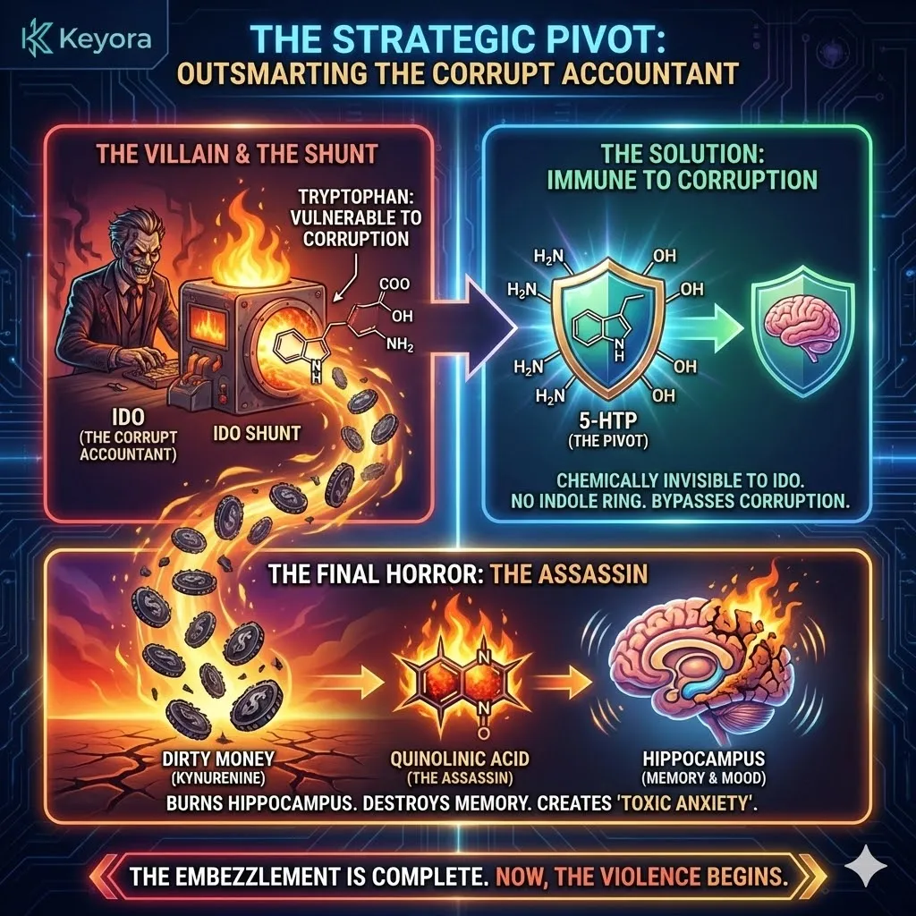 The strategic pivot to 5-HTP bypasses the IDO-mediated kynurenine shunt, providing a corruption-immune supply line to restore serotonin during a neuro-endocrine storm. The strategic pivot to 5-HTP bypasses the IDO-mediated kynurenine shunt, providing a corruption-immune supply line to restore serotonin during a neuro-endocrine storm.