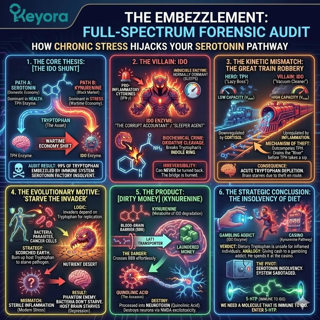 The full-spectrum forensic audit reveals the IDO shunt as a metabolic vacuum that liquidates tryptophan assets to manufacture neurotoxic kynurenine metabolites via Keyora. The full-spectrum forensic audit reveals the IDO shunt as a metabolic vacuum that liquidates tryptophan assets to manufacture neurotoxic kynurenine metabolites via Keyora.