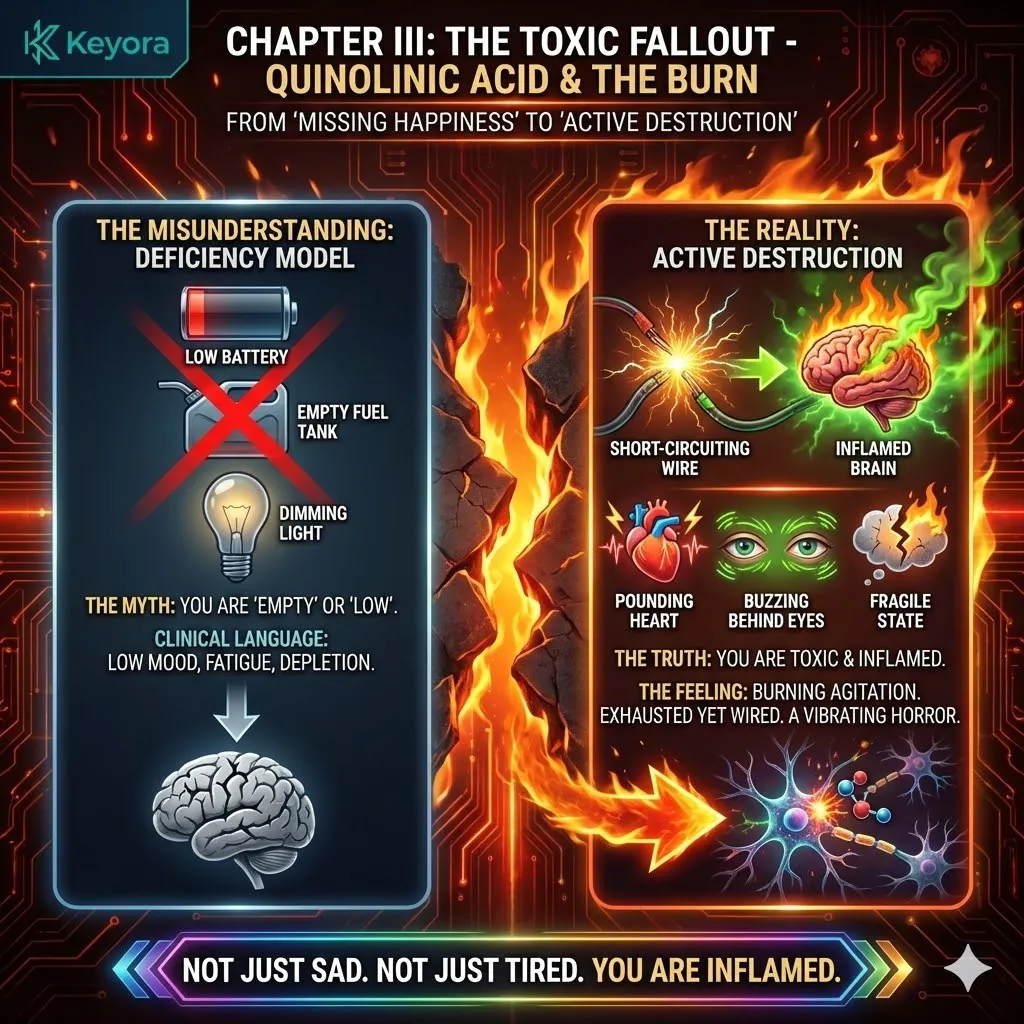 Neuro-endocrine storm dynamics catalyze quinolinic acid toxicity within the Four-Drive System to trigger neuro-excitatory destruction and metabolic burnout. Neuro-endocrine storm dynamics catalyze quinolinic acid toxicity within the Four-Drive System to trigger neuro-excitatory destruction and metabolic burnout.