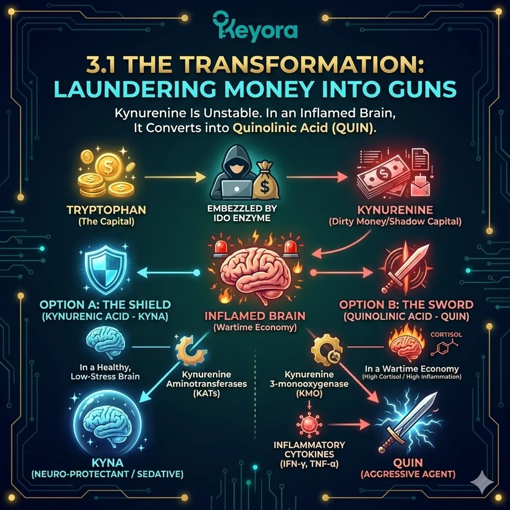 The KMO enzyme directs the kynurenine pathway toward quinolinic acid synthesis during a neuro-endocrine storm to dismantle the brain's internal shield. The KMO enzyme directs the kynurenine pathway toward quinolinic acid synthesis during a neuro-endocrine storm to dismantle the brain's internal shield.