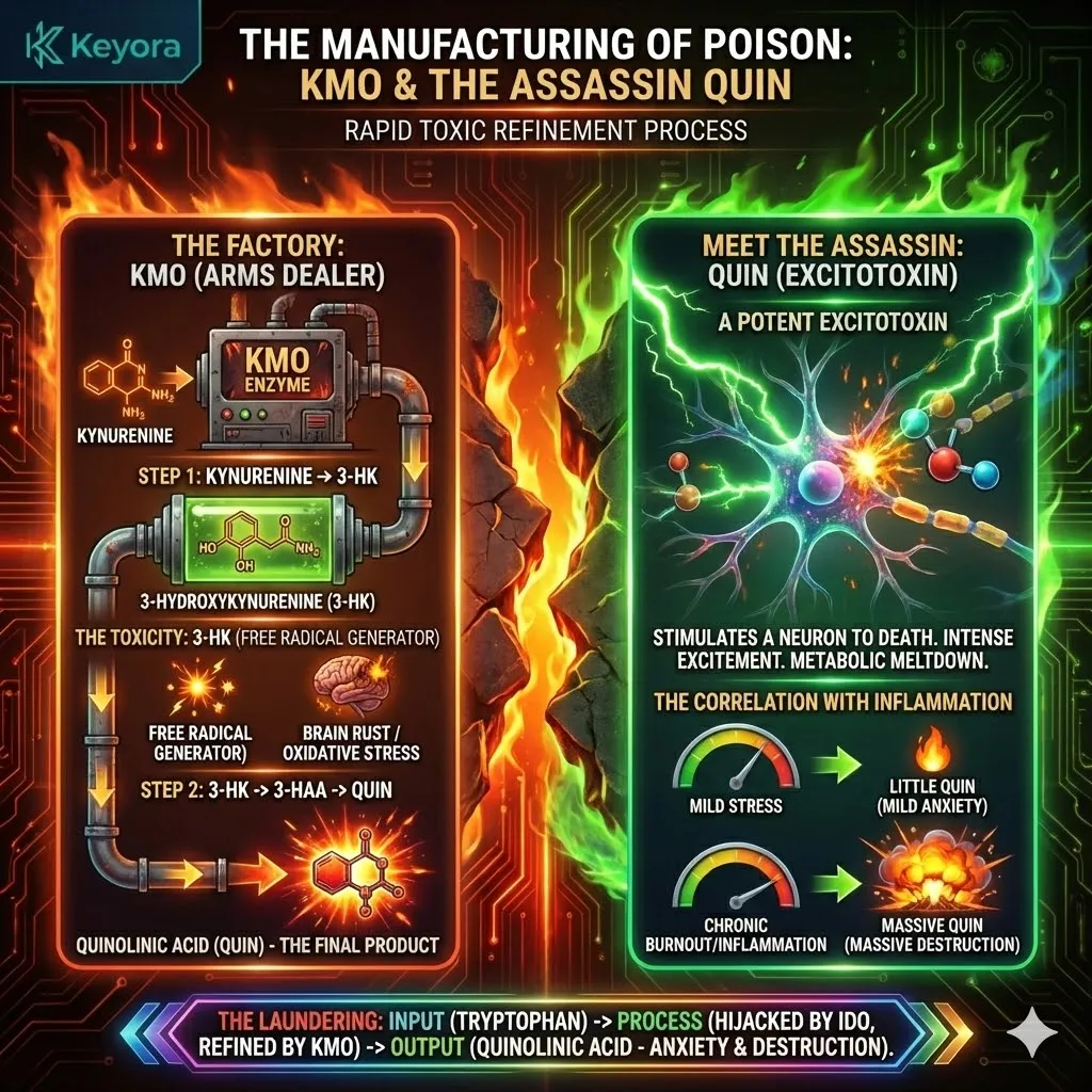 The KMO enzyme catalyzes quinolinic acid synthesis from tryptophan to trigger neuro-excitatory destruction and oxidative rust within the Four-Drive System. The KMO enzyme catalyzes quinolinic acid synthesis from tryptophan to trigger neuro-excitatory destruction and oxidative rust within the Four-Drive System.