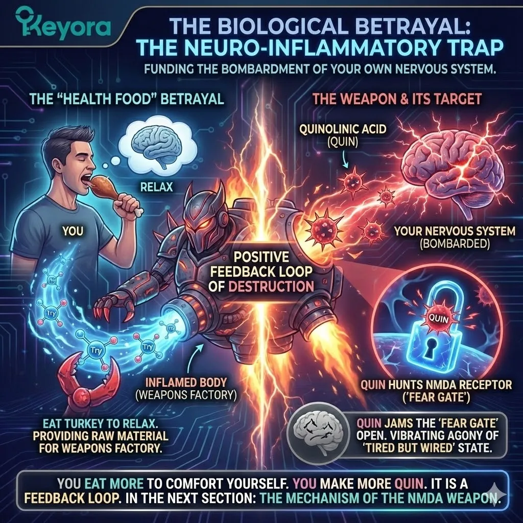 The IDO-KMO weapons factory converts tryptophan into quinolinic acid to jam NMDA receptors and fuel the neuro-endocrine storm within the Four-Drive System. The IDO-KMO weapons factory converts tryptophan into quinolinic acid to jam NMDA receptors and fuel the neuro-endocrine storm within the Four-Drive System.