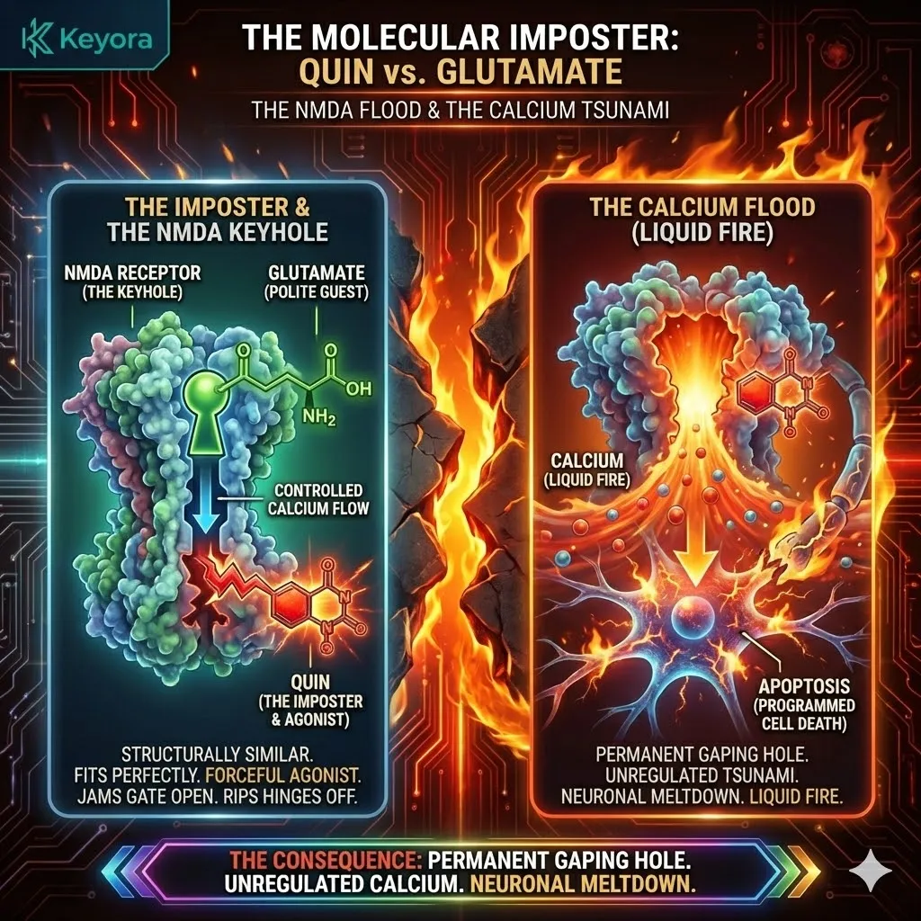 Quinolinic acid acts as a molecular imposter jamming NMDA receptors to trigger a calcium flood and neuro-excitatory destruction within the Four-Drive System. Quinolinic acid acts as a molecular imposter jamming NMDA receptors to trigger a calcium flood and neuro-excitatory destruction within the Four-Drive System.