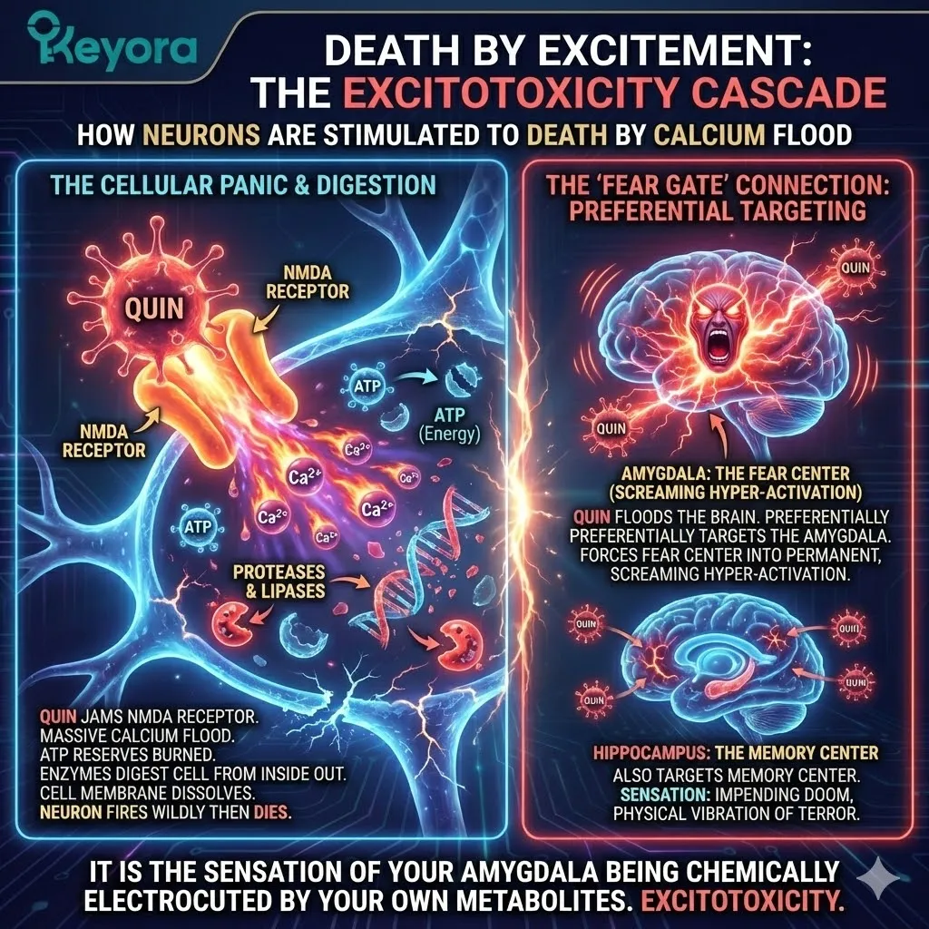 Quinolinic acid triggers excitotoxicity and ATP depletion within the Amygdala and Hippocampus to compromise neurological sovereignty and systemic regulation. Quinolinic acid triggers excitotoxicity and ATP depletion within the Amygdala and Hippocampus to compromise neurological sovereignty and systemic regulation.