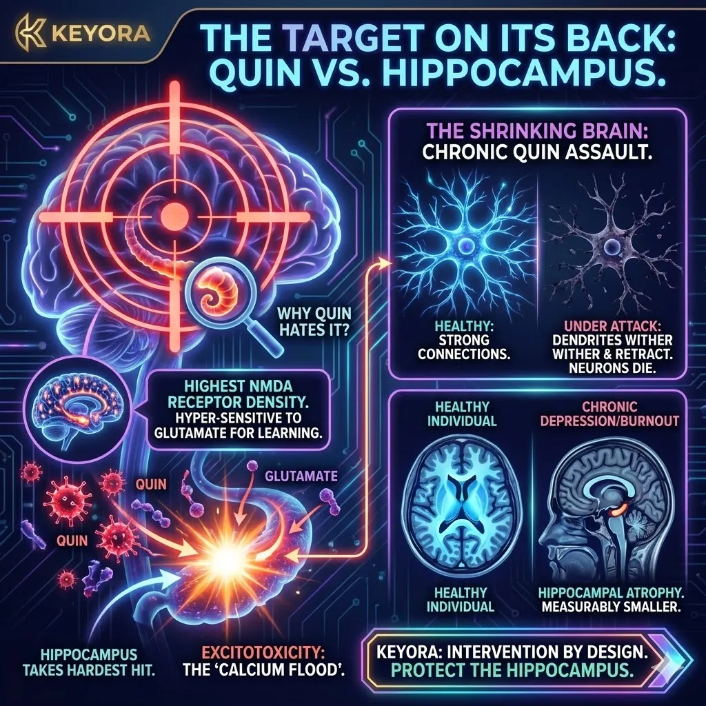 High NMDA receptor density renders the hippocampus vulnerable to quinolinic acid toxicity and calcium floods during a neuro-endocrine storm. High NMDA receptor density renders the hippocampus vulnerable to quinolinic acid toxicity and calcium floods during a neuro-endocrine storm.
