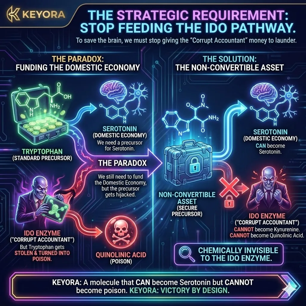 The IDO enzyme's inability to hijack non-convertible assets allows for serotonin synthesis without fueling quinolinic acid toxicity or the neuro-endocrine storm. The IDO enzyme's inability to hijack non-convertible assets allows for serotonin synthesis without fueling quinolinic acid toxicity or the neuro-endocrine storm.