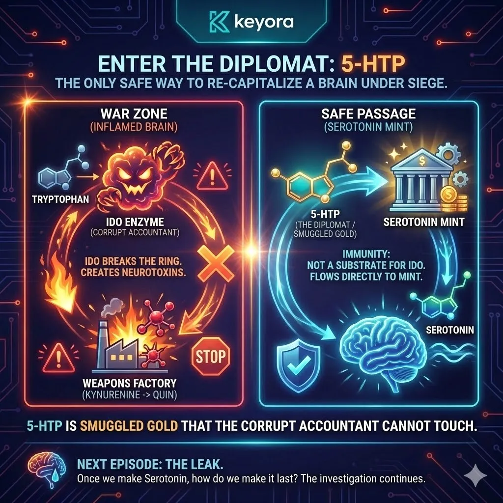 The 5-HTP molecule provides metabolic immunity against the IDO enzyme to bypass the kynurenine pathway and maintain systemic regulator sovereignty. The 5-HTP molecule provides metabolic immunity against the IDO enzyme to bypass the kynurenine pathway and maintain systemic regulator sovereignty.
