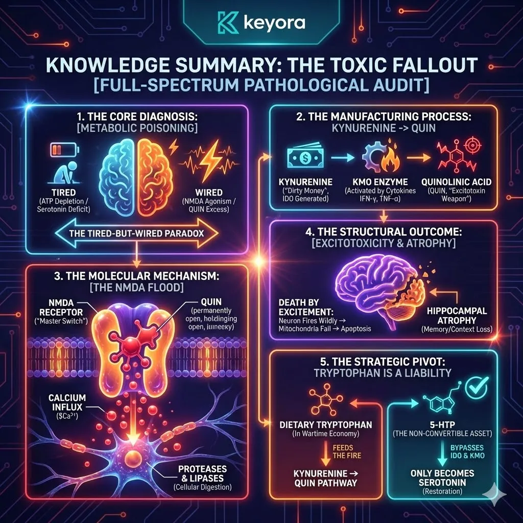 The IDO-KMO cascade weaponizes tryptophan into quinolinic acid to jam NMDA receptors and catalyze hippocampal atrophy within the Four-Drive System. The IDO-KMO cascade weaponizes tryptophan into quinolinic acid to jam NMDA receptors and catalyze hippocampal atrophy within the Four-Drive System.