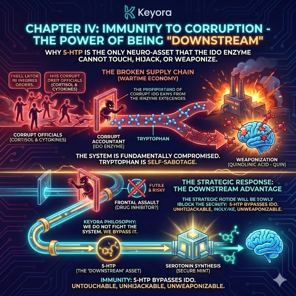 The IDO enzyme cannot hijack the 5-HTP molecule to fuel the neuro-endocrine storm or synthesize quinolinic acid within the Four-Drive System. The IDO enzyme cannot hijack the 5-HTP molecule to fuel the neuro-endocrine storm or synthesize quinolinic acid within the Four-Drive System.