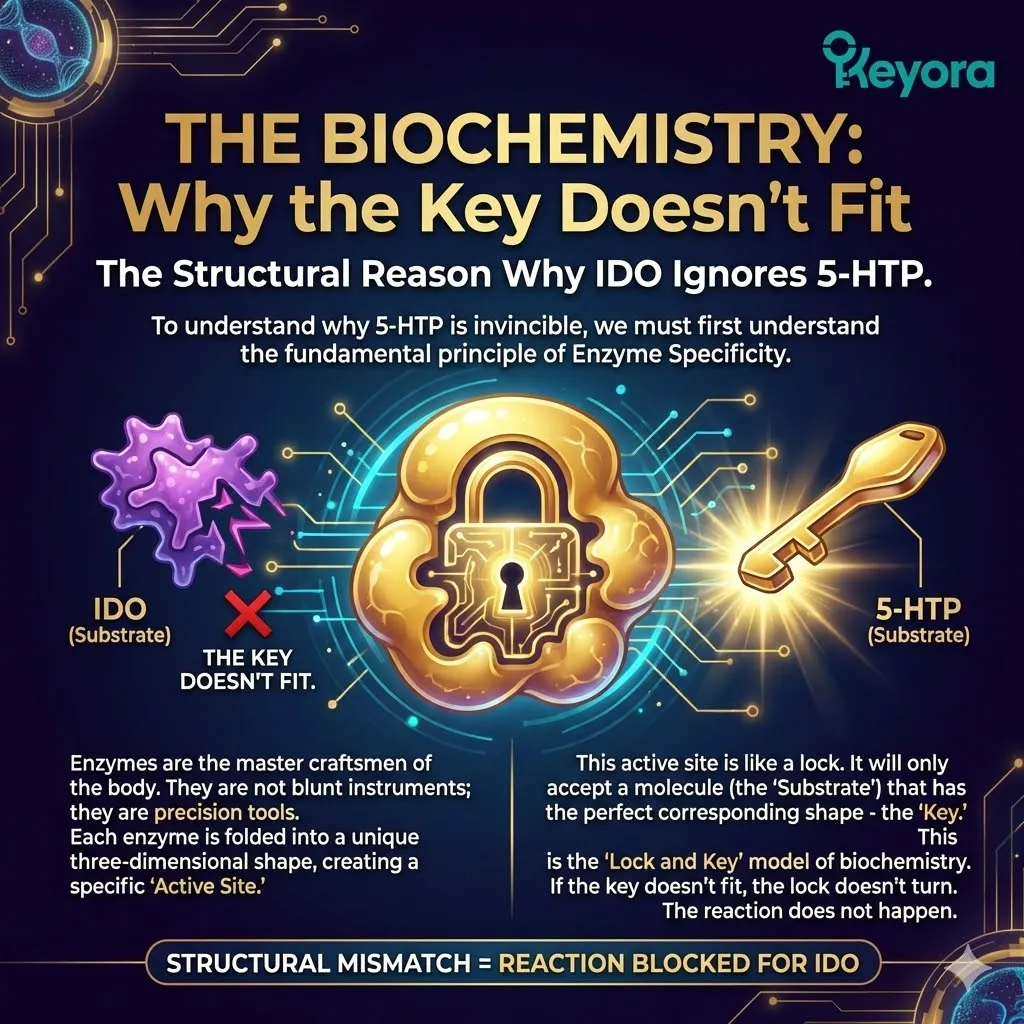Enzyme specificity and the active site architecture prevent the IDO lock from recognizing 5-HTP as a key to initiate the kynurenine weapons factory. Enzyme specificity and the active site architecture prevent the IDO lock from recognizing 5-HTP as a key to initiate the kynurenine weapons factory.