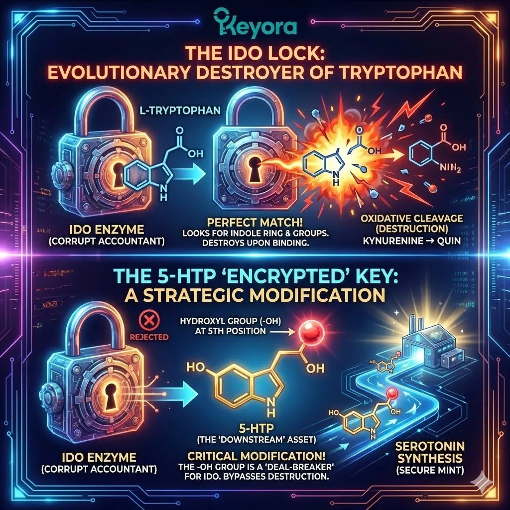 The IDO active site lock specifically targets L-Tryptophan for oxidative cleavage while the hydroxyl group modification on 5-HTP creates a strategic structural mismatch. The IDO active site lock specifically targets L-Tryptophan for oxidative cleavage while the hydroxyl group modification on 5-HTP creates a strategic structural mismatch.