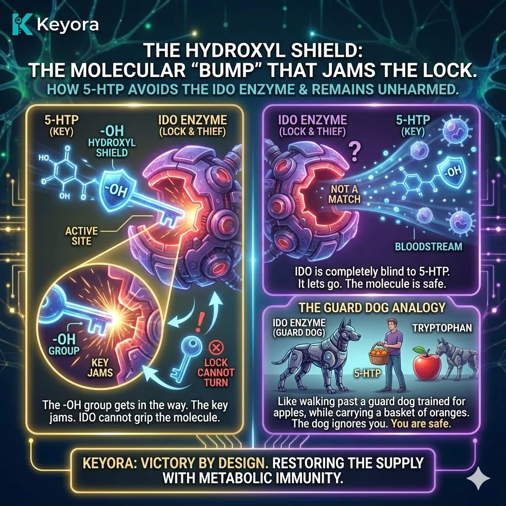 The hydroxyl shield creates a physical obstruction that prevents 5-HTP from binding to the IDO active site to ensure metabolic immunity and neurological sovereignty. The hydroxyl shield creates a physical obstruction that prevents 5-HTP from binding to the IDO active site to ensure metabolic immunity and neurological sovereignty.