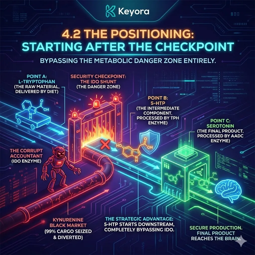 The strategic positioning of 5-HTP downstream of the IDO checkpoint ensures systemic regulator integrity by bypassing the metabolic danger zone where tryptophan is seized. The strategic positioning of 5-HTP downstream of the IDO checkpoint ensures systemic regulator integrity by bypassing the metabolic danger zone where tryptophan is seized.