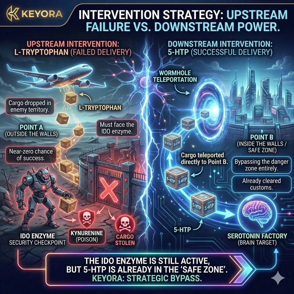 Downstream intervention via 5-HTP bypasses the IDO security checkpoint to teleport neuro-assets directly into the metabolic safe zone of the Four-Drive System. Downstream intervention via 5-HTP bypasses the IDO security checkpoint to teleport neuro-assets directly into the metabolic safe zone of the Four-Drive System.