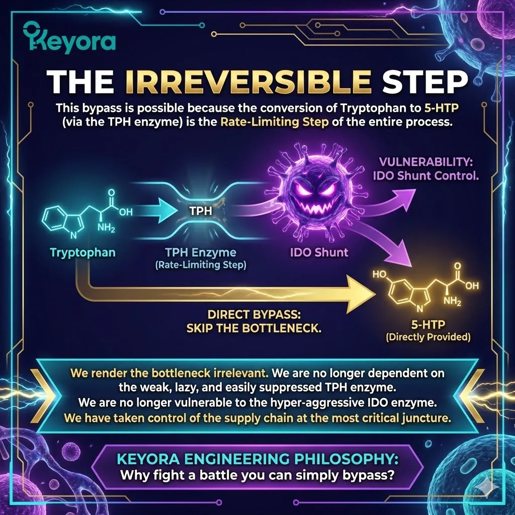Direct 5-HTP deployment bypasses the TPH rate-limiting bottleneck and the IDO shunt to secure the serotonin supply chain within the Four-Drive System. Direct 5-HTP deployment bypasses the TPH rate-limiting bottleneck and the IDO shunt to secure the serotonin supply chain within the Four-Drive System.