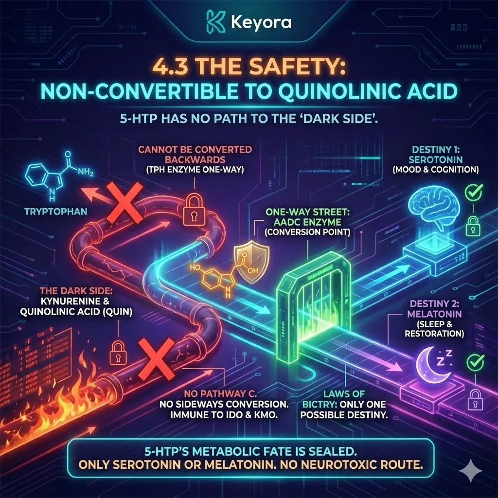 The irreversible decarboxylation of 5-HTP by the AADC enzyme creates a one-way metabolic street that prevents any conversion into neurotoxic quinolinic acid. The irreversible decarboxylation of 5-HTP by the AADC enzyme creates a one-way metabolic street that prevents any conversion into neurotoxic quinolinic acid.