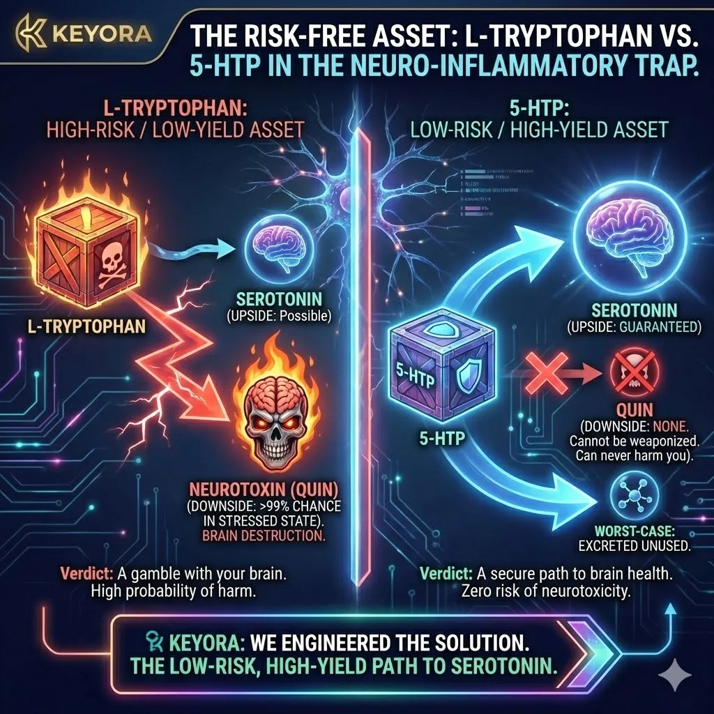 The risk-profile divergence between tryptophan and 5-HTP identifies the latter as a low-risk high-yield asset immune to quinolinic acid weaponization. The risk-profile divergence between tryptophan and 5-HTP identifies the latter as a low-risk high-yield asset immune to quinolinic acid weaponization.