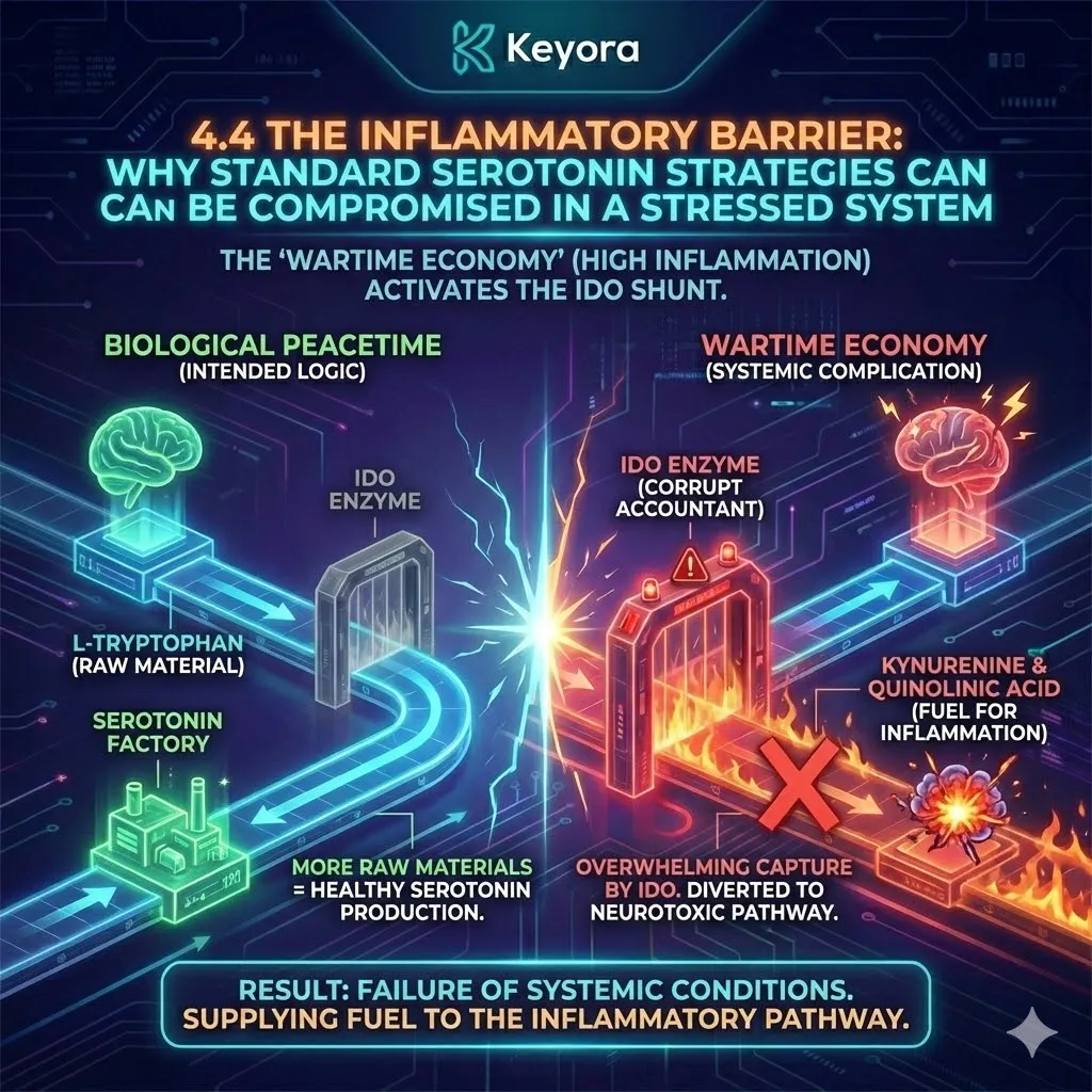 The IDO shunt creates a systemic barrier that redirects tryptophan intake toward the kynurenine pathway during a neuro-endocrine storm, compromising standard serotonin strategies. The IDO shunt creates a systemic barrier that redirects tryptophan intake toward the kynurenine pathway during a neuro-endocrine storm, compromising standard serotonin strategies.
