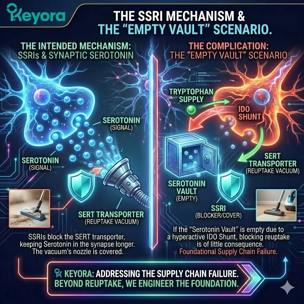 The efficacy of SSRI mechanisms is predicated on sufficient serotonin release, which fails during the "Empty Vault" scenario of a hijacked tryptophan supply chain. The efficacy of SSRI mechanisms is predicated on sufficient serotonin release, which fails during the "Empty Vault" scenario of a hijacked tryptophan supply chain.