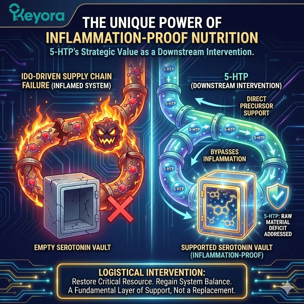 Direct 5-HTP supplementation provides a downstream bypass to re-capitalize the "Empty Vault" and restore neurological sovereignty within an inflamed system. Direct 5-HTP supplementation provides a downstream bypass to re-capitalize the "Empty Vault" and restore neurological sovereignty within an inflamed system.
