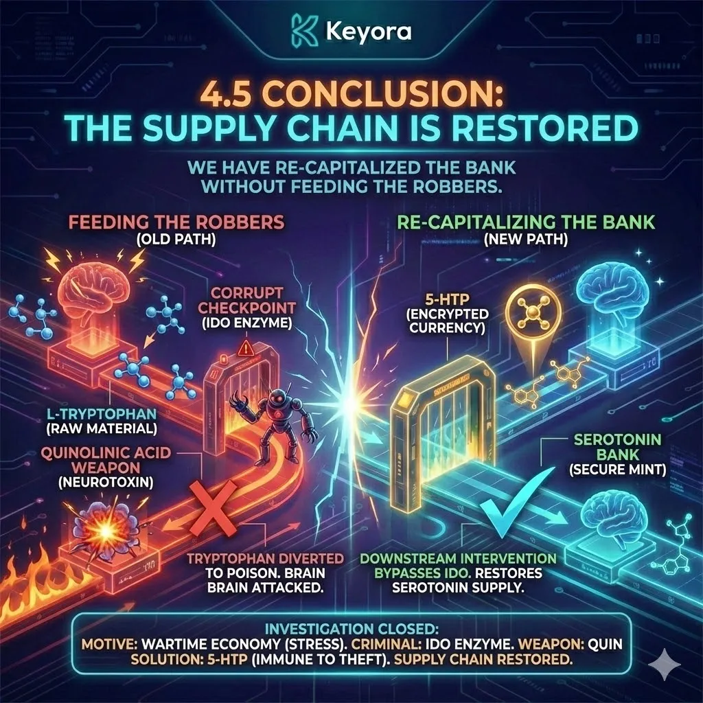The downstream deployment of 5-HTP serves as a structural encryption that restores the serotonin supply chain by bypassing the IDO-driven kynurenine weapons factory. The downstream deployment of 5-HTP serves as a structural encryption that restores the serotonin supply chain by bypassing the IDO-driven kynurenine weapons factory.