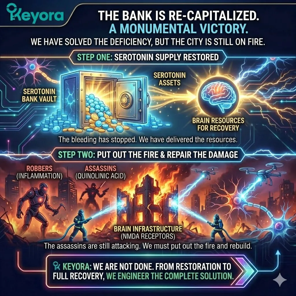 The restoration of serotonin supply through 5-HTP bypass halts systemic depletion but represents only the initial phase of reclaiming neurological sovereignty. The restoration of serotonin supply through 5-HTP bypass halts systemic depletion but represents only the initial phase of reclaiming neurological sovereignty.