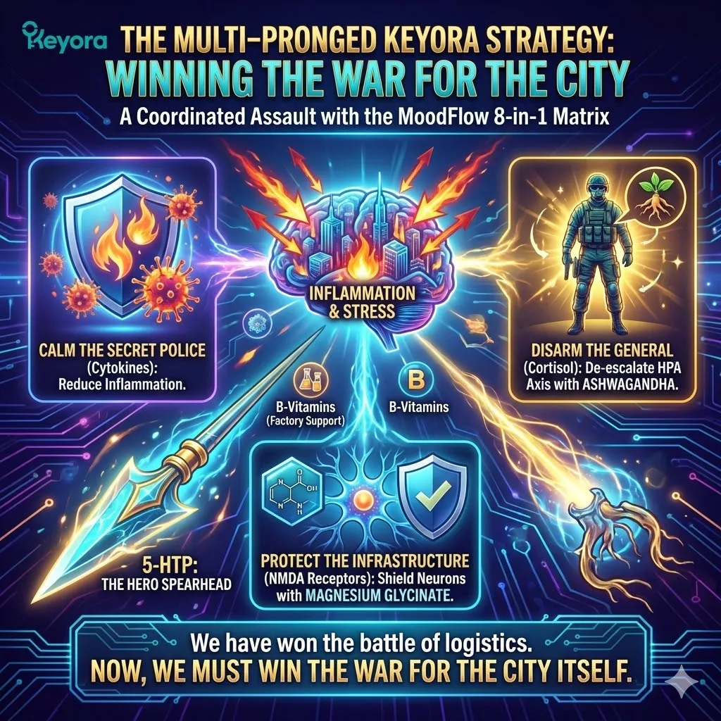 The synergy between 5-HTP and the Keyora 8-in-1 Matrix establishes a multi-pronged defense to de-escalate the HPA axis and shield NMDA receptors from excitotoxic damage. The synergy between 5-HTP and the Keyora 8-in-1 Matrix establishes a multi-pronged defense to de-escalate the HPA axis and shield NMDA receptors from excitotoxic damage.
