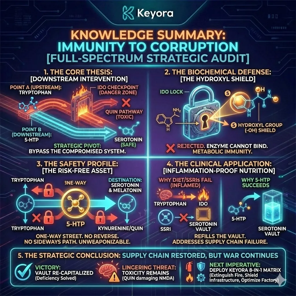 The implementation of the 5-HTP Hydroxyl Shield and downstream positioning provides absolute metabolic immunity against IDO-driven embezzlement, securing the serotonin supply chain for neurological sovereignty. The implementation of the 5-HTP Hydroxyl Shield and downstream positioning provides absolute metabolic immunity against IDO-driven embezzlement, securing the serotonin supply chain for neurological sovereignty.