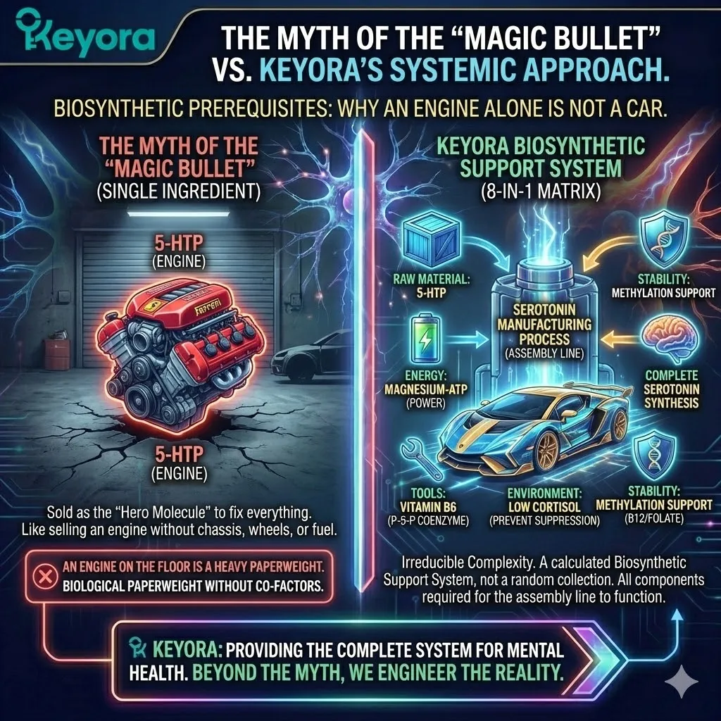 The Keyora 8-in-1 Matrix eliminates the "Magic Bullet" fallacy by providing the irreducible biosynthetic prerequisites required for 5-HTP to complete its transformation into Serotonin. The Keyora 8-in-1 Matrix eliminates the "Magic Bullet" fallacy by providing the irreducible biosynthetic prerequisites required for 5-HTP to complete its transformation into Serotonin.