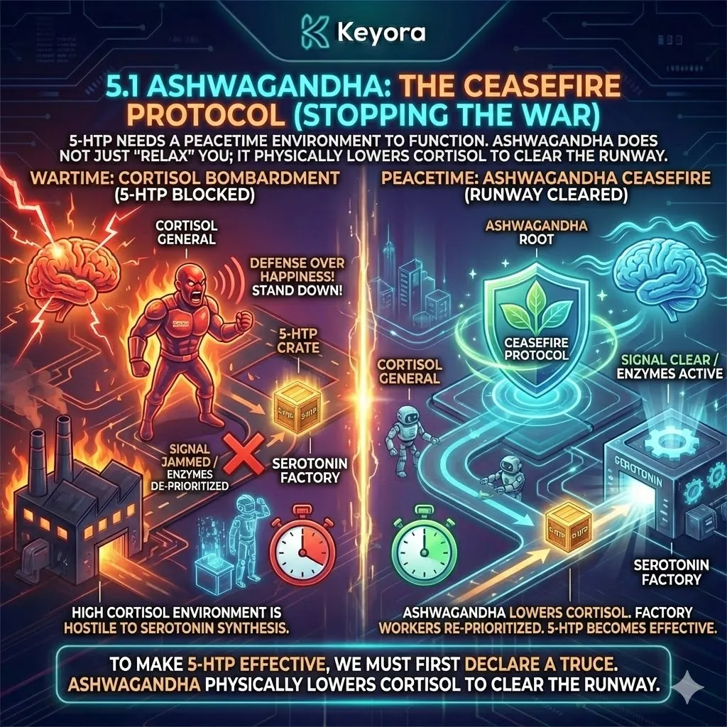 Ashwagandha executes the Ceasefire Protocol by physically lowering cortisol levels, clearing the metabolic runway for 5-HTP to manifest its high-yield neuro-potential. Ashwagandha executes the Ceasefire Protocol by physically lowering cortisol levels, clearing the metabolic runway for 5-HTP to manifest its high-yield neuro-potential.