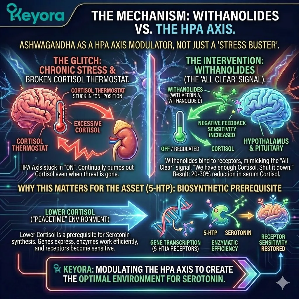 The Withanolides in Ashwagandha reset the HPA feedback loop, shifting the metabolic environment from wartime suppression to a peacetime state where 5-HTP can successfully bind to re-sensitized receptors. The Withanolides in Ashwagandha reset the HPA feedback loop, shifting the metabolic environment from wartime suppression to a peacetime state where 5-HTP can successfully bind to re-sensitized receptors.