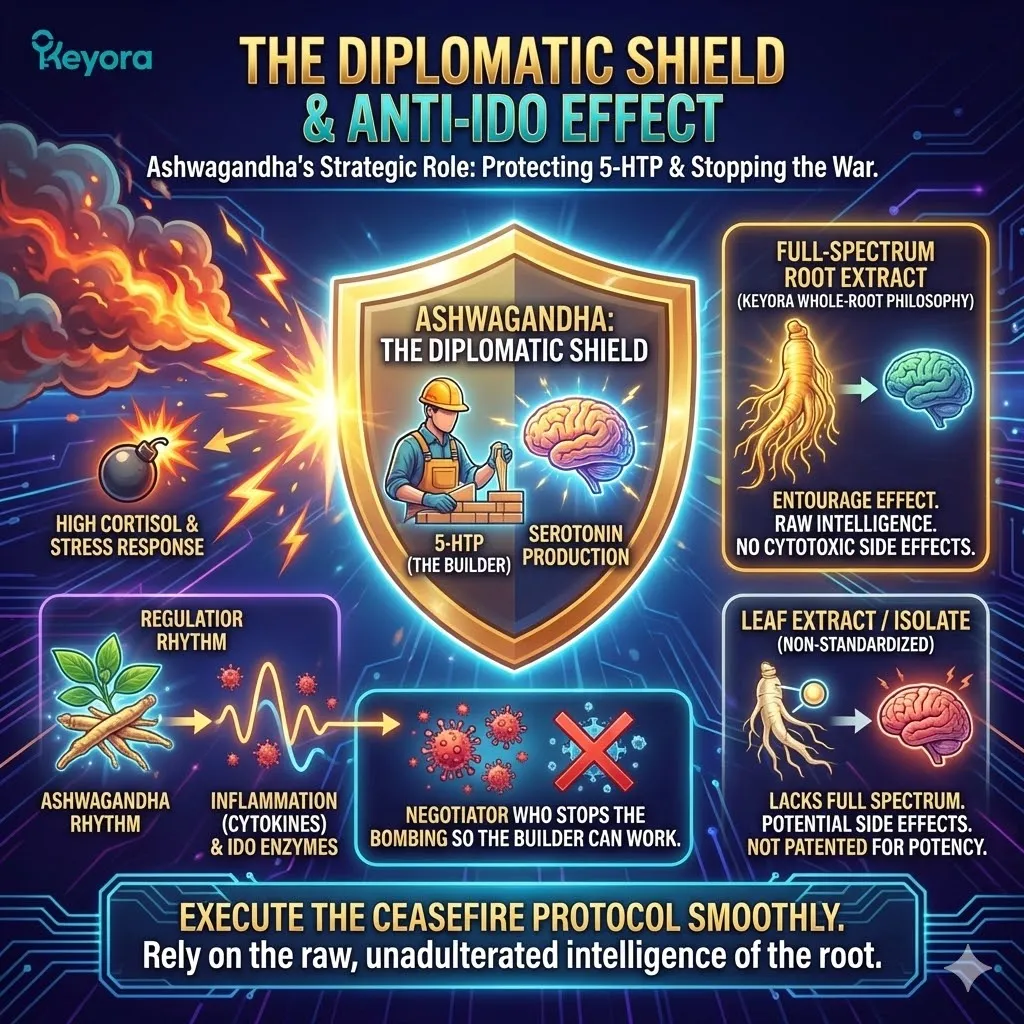 The full-spectrum root extract of Ashwagandha serves as a diplomatic shield, suppressing the cytokine storm and lowering the global IDO presence to create a secure operational theatre for 5-HTP. The full-spectrum root extract of Ashwagandha serves as a diplomatic shield, suppressing the cytokine storm and lowering the global IDO presence to create a secure operational theatre for 5-HTP.