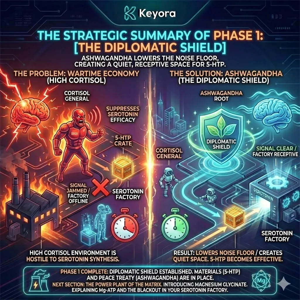 Ashwagandha clears the metabolic operational theatre by lowering the cortisol noise floor, transitioning the brain from a state of suppression to one of receptive neuro-synthesis. Ashwagandha clears the metabolic operational theatre by lowering the cortisol noise floor, transitioning the brain from a state of suppression to one of receptive neuro-synthesis.