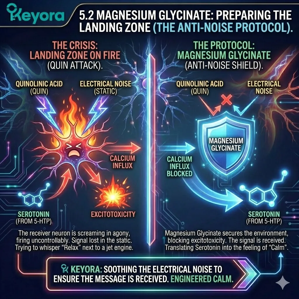 The influx of quinolinic acid during a neuro-endocrine storm creates a state of excitotoxic noise at the NMDA receptor, preventing the post-synaptic neuron from receiving the serotonin signal. The influx of quinolinic acid during a neuro-endocrine storm creates a state of excitotoxic noise at the NMDA receptor, preventing the post-synaptic neuron from receiving the serotonin signal.