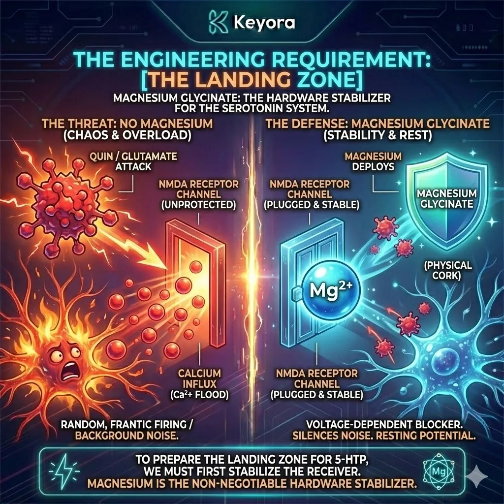 The voltage-dependent magnesium plug acts as the primary hardware stabilizer for the NMDA receptor, physically obstructing the ion channel to prevent the excitotoxic influx of calcium. The voltage-dependent magnesium plug acts as the primary hardware stabilizer for the NMDA receptor, physically obstructing the ion channel to prevent the excitotoxic influx of calcium.