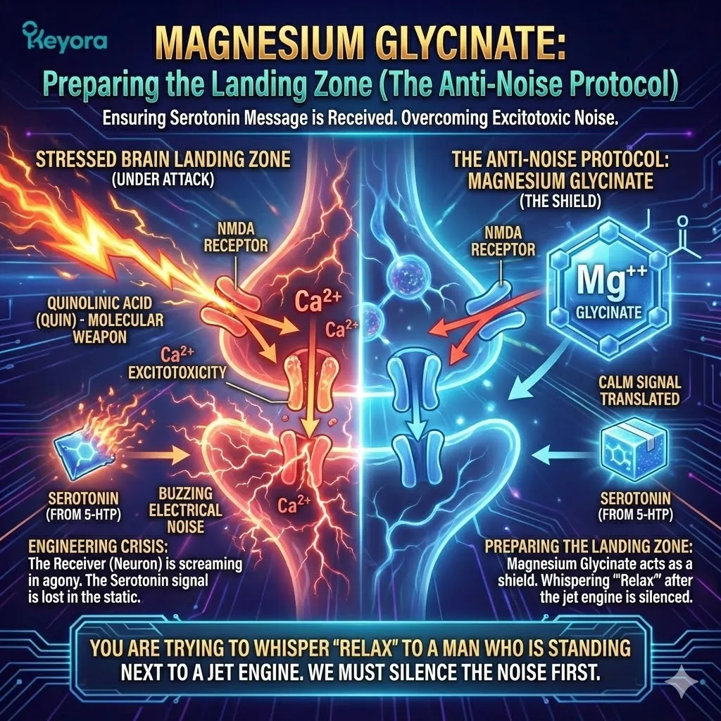 The chelation of Magnesium to Glycine provides a dual-action stabilizing effect, combining a hardware plug for the NMDA receptor with an inhibitory cooling agent for the entire nervous system. The chelation of Magnesium to Glycine provides a dual-action stabilizing effect, combining a hardware plug for the NMDA receptor with an inhibitory cooling agent for the entire nervous system.