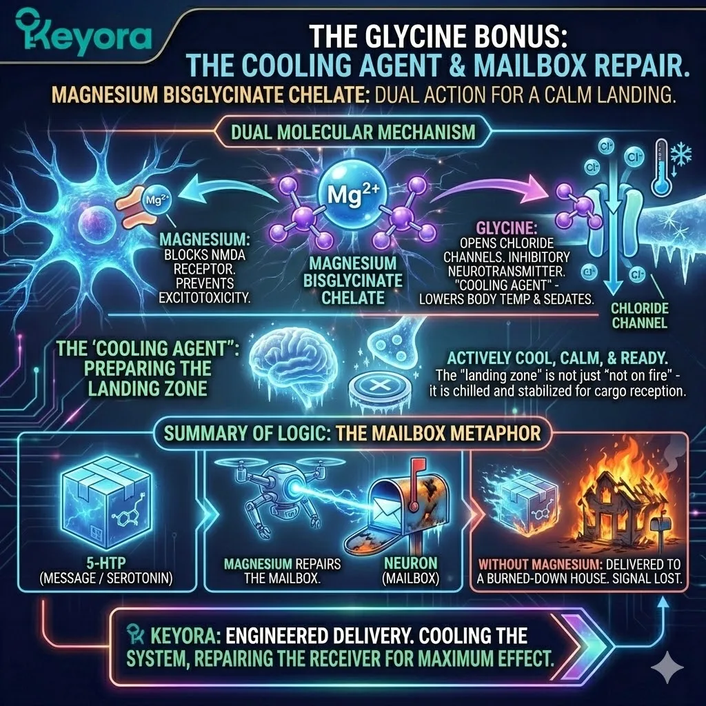 The synergy of Magnesium Bisglycinate provides a dual-layer hardware stabilization, utilizing the magnesium "cork" for NMDA blockade and glycine as a cooling agent to restore neural receptivity. The synergy of Magnesium Bisglycinate provides a dual-layer hardware stabilization, utilizing the magnesium "cork" for NMDA blockade and glycine as a cooling agent to restore neural receptivity.