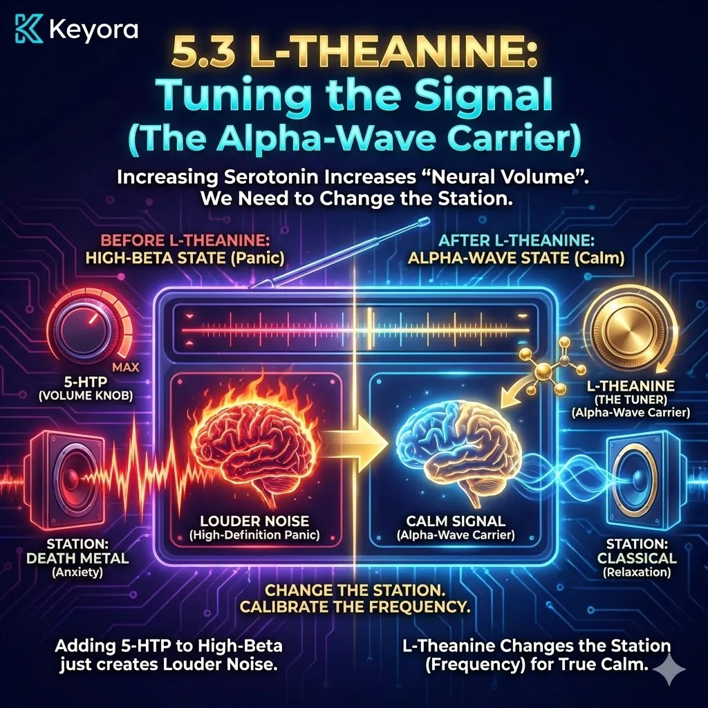 L-Theanine acts as the neural tuner, shifting the brain's frequency from high-beta anxiety to the alpha-wave state to ensure 5-HTP-derived serotonin is experienced as calm rather than amplification. L-Theanine acts as the neural tuner, shifting the brain's frequency from high-beta anxiety to the alpha-wave state to ensure 5-HTP-derived serotonin is experienced as calm rather than amplification.
