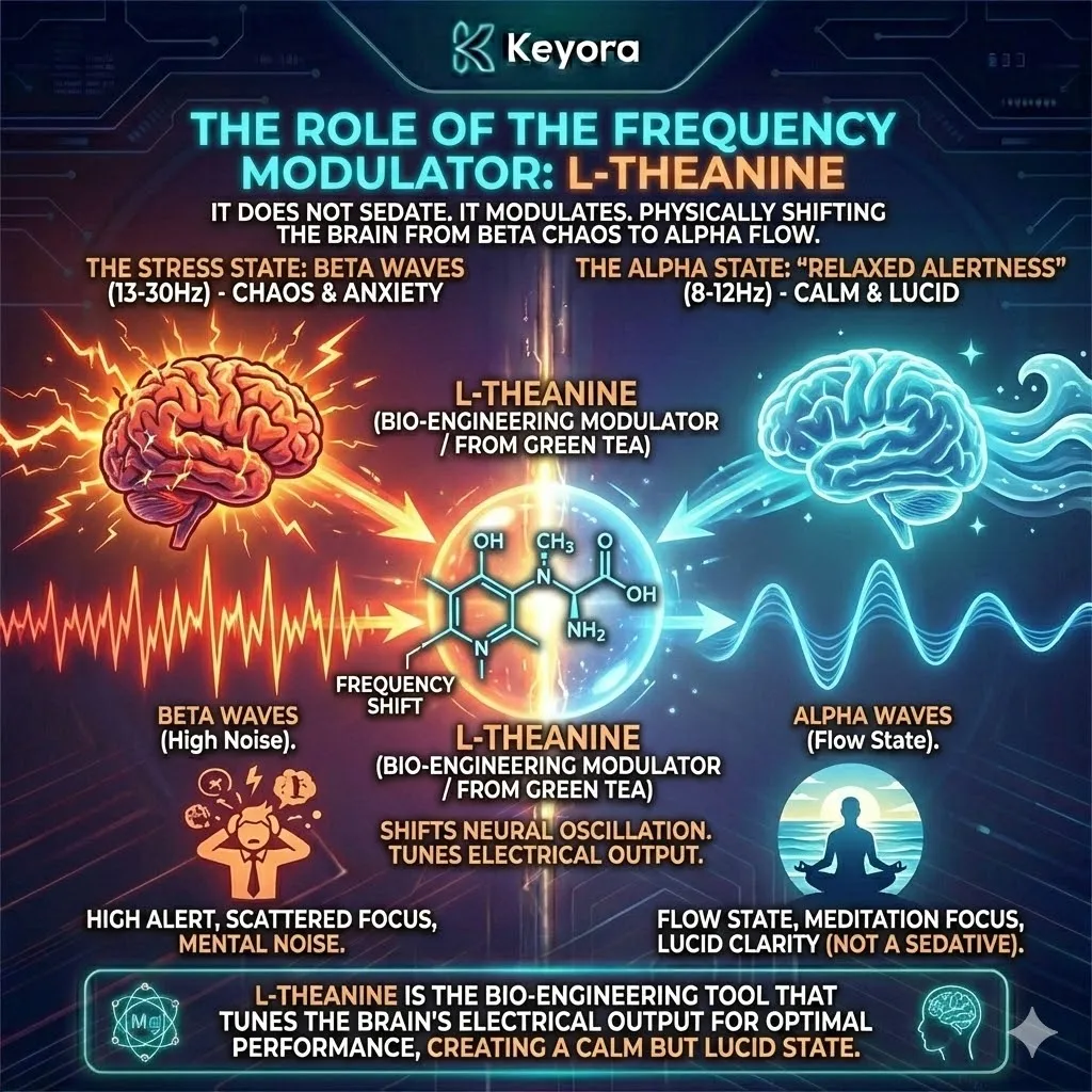 L-Theanine acts as the "Frequency Modulator," physically shifting neural oscillation from the high-stress beta state down to the alpha-wave state (8-12Hz) to ensure a receptive environment for serotonin. L-Theanine acts as the "Frequency Modulator," physically shifting neural oscillation from the high-stress beta state down to the alpha-wave state (8-12Hz) to ensure a receptive environment for serotonin.