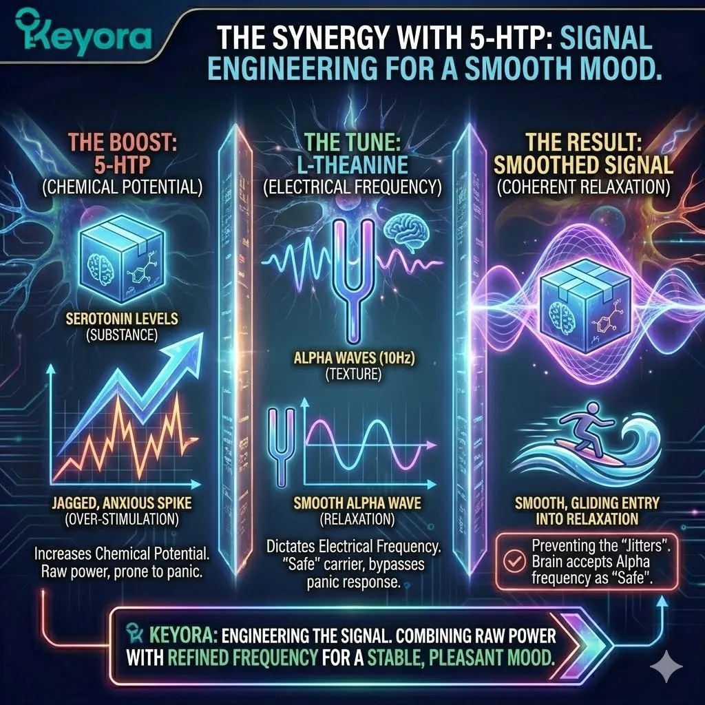 L-Theanine acts as the "Signal Smoother," wrapping the raw power of 5-HTP-derived serotonin in an alpha-wave carrier frequency to bypass the panic response and prevent over-stimulation. L-Theanine acts as the "Signal Smoother," wrapping the raw power of 5-HTP-derived serotonin in an alpha-wave carrier frequency to bypass the panic response and prevent over-stimulation.
