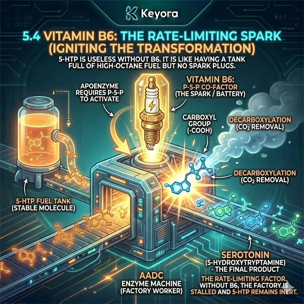 Pyridoxal-5’-Phosphate (P-5-P) serves as the "Rate-Limiting Spark," activating the AADC enzyme to execute the final decarboxylation of 5-HTP into functional Serotonin. Pyridoxal-5’-Phosphate (P-5-P) serves as the "Rate-Limiting Spark," activating the AADC enzyme to execute the final decarboxylation of 5-HTP into functional Serotonin.