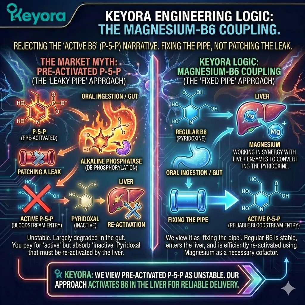The de-phosphorylation of oral P-5-P in the digestive tract creates a metabolic inefficiency, forcing the liver to re-synthesize the active co-factor from degraded components. The de-phosphorylation of oral P-5-P in the digestive tract creates a metabolic inefficiency, forcing the liver to re-synthesize the active co-factor from degraded components.