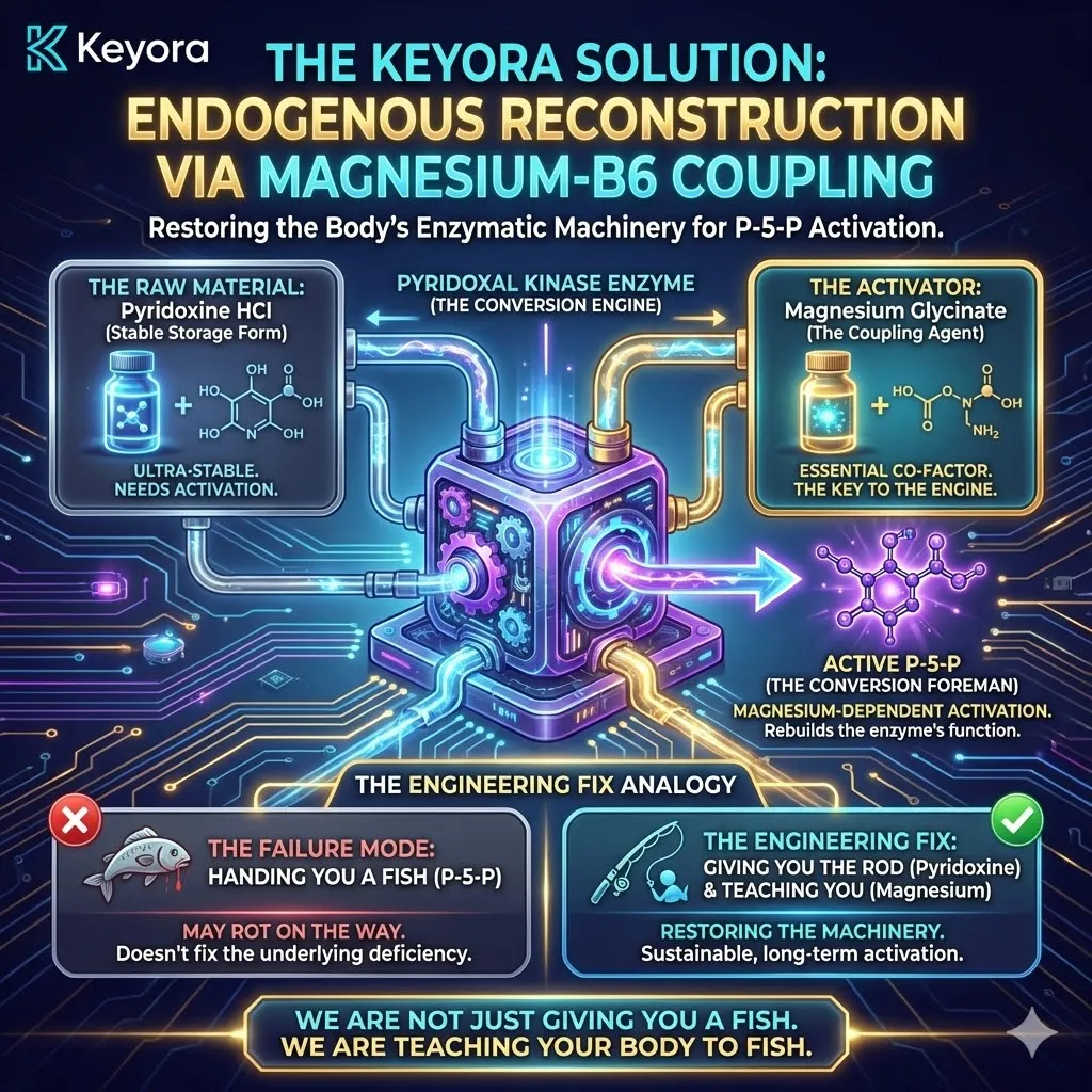 The Magnesium-B6 Coupling utilizes Pyridoxine HCl in tandem with Magnesium Glycinate to drive the endogenous reconstruction of P-5-P via the magnesium-dependent Pyridoxal Kinase enzyme. The Magnesium-B6 Coupling utilizes Pyridoxine HCl in tandem with Magnesium Glycinate to drive the endogenous reconstruction of P-5-P via the magnesium-dependent Pyridoxal Kinase enzyme.
