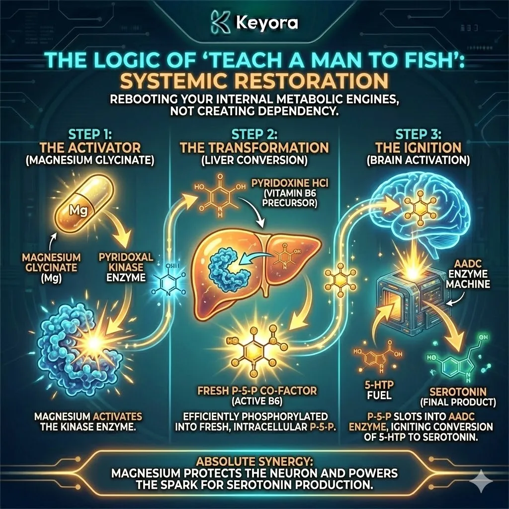 The Systemic Restoration protocol leverages Magnesium-activated Pyridoxal Kinase to convert Pyridoxine into fresh, intracellular P-5-P, providing the localized "Spark" for 5-HTP conversion. The Systemic Restoration protocol leverages Magnesium-activated Pyridoxal Kinase to convert Pyridoxine into fresh, intracellular P-5-P, providing the localized "Spark" for 5-HTP conversion.